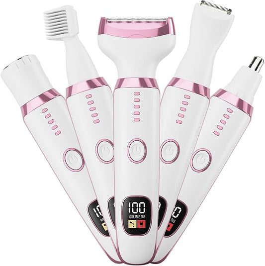 RUIM Bikini Trimmer for Women, 5 in 1 Electric Razors for Shaving, Waterproof Rechargeable Pubic Hair Trimmer with LED Display, Pink-BrightBean Baby