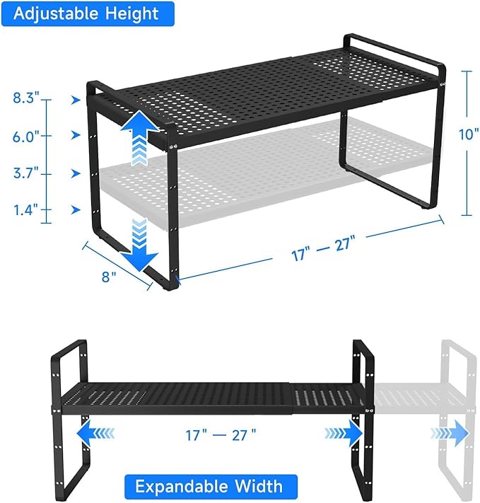Expandable Kitchen Shelf Organizers, Kitchen Cabinet Organizer Stand Rack Organization for Countertop Cupborad Pantry, Black 3 Pack
