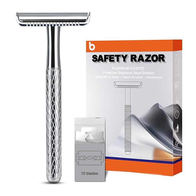 Shiny Silver Double Edge Safety Razor, Single Blade Razors for Men and Women, with 10 Stainless Steel Safety Razor Blades, Reusable, Smooth and Close Wet Shaving Kit, Plastic Free-BrightBean Baby