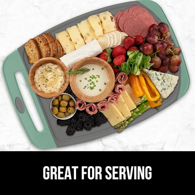 GORILLA GRIP BPA-Free Reversible Kitchen Cutting Board Set of 3, US Designed, Nonporous, Juice Grooves Catch Liquid, Slip Resistant Border, Dishwasher Safe, Durable Food Chopping Boards, Mint Gray