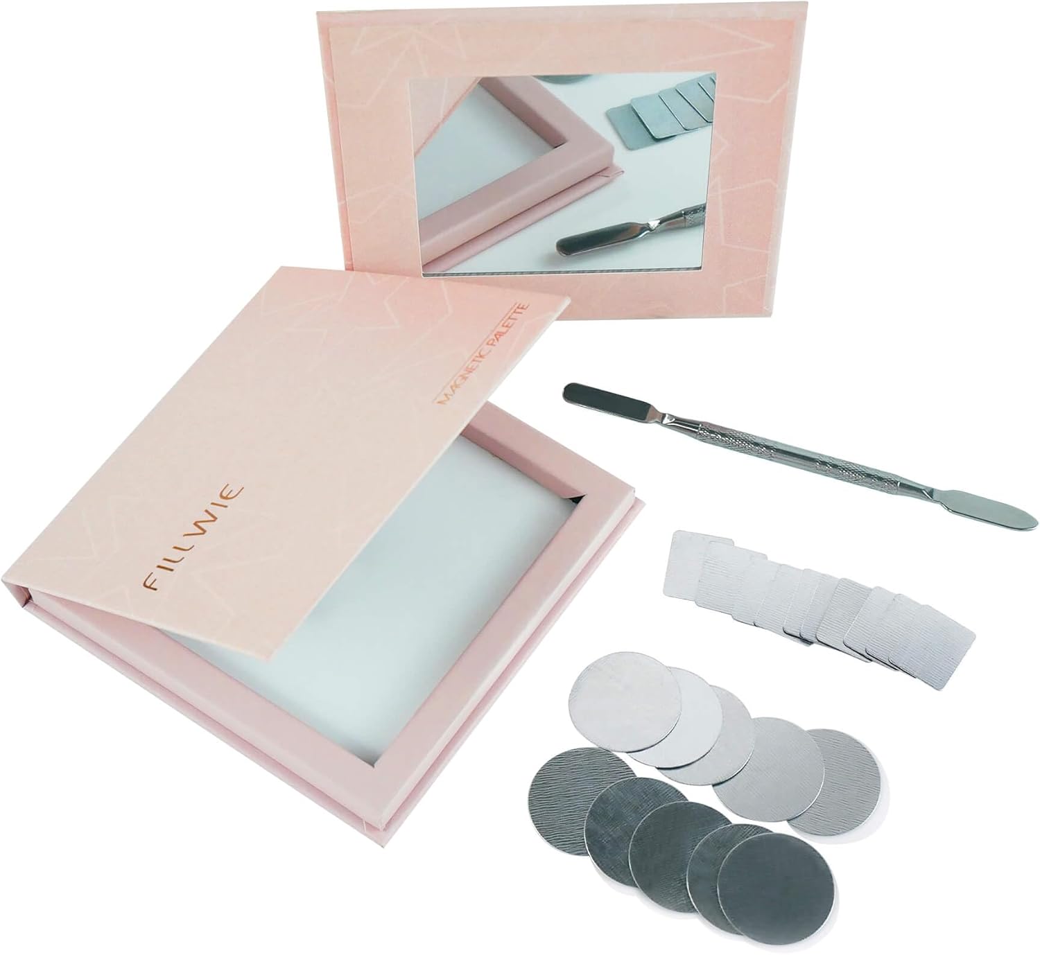 Pink Magnetic Refillable Makeup Palette with Mirror – Lightweight, Durable, Travel-Ready Case for Eyeshadow, Blush, Lipstick – Includes Spatula & 20 Stickers – Small, Waterproof Paperboard-BrightBean Baby