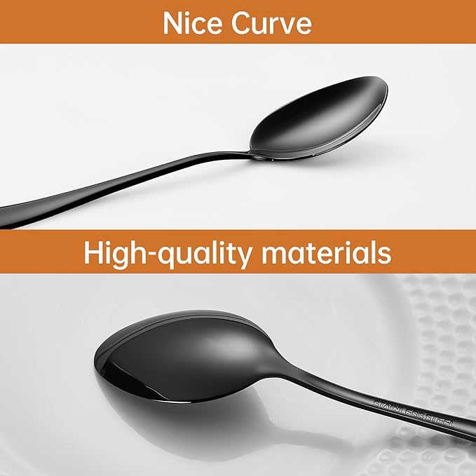 Black Spoons silverware teaspoons set of 12 dessert spoon 6.6inch Food-Grade stainless steel kitchen and dining table spoons (Black)