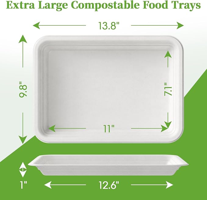 ECOLipak 100 Pack 14 Inch Disposable Food Crawfish Trays, Compostable Large Paper Plates, Disposable Thanksgiving Trays for Serving Food, Turkey, BBQ, Seafood Boil Party Supplies(White)
