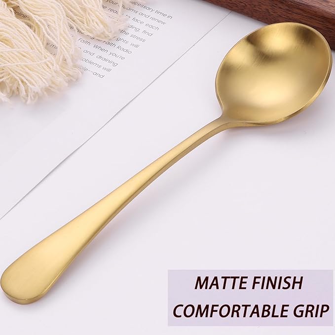 7" Round Soup Spoons Set of 4,18/10 Stainless Steel Heavy Duty with Deep Bowl,Matte Stain Finish,Dishwasher Safe(Gold)