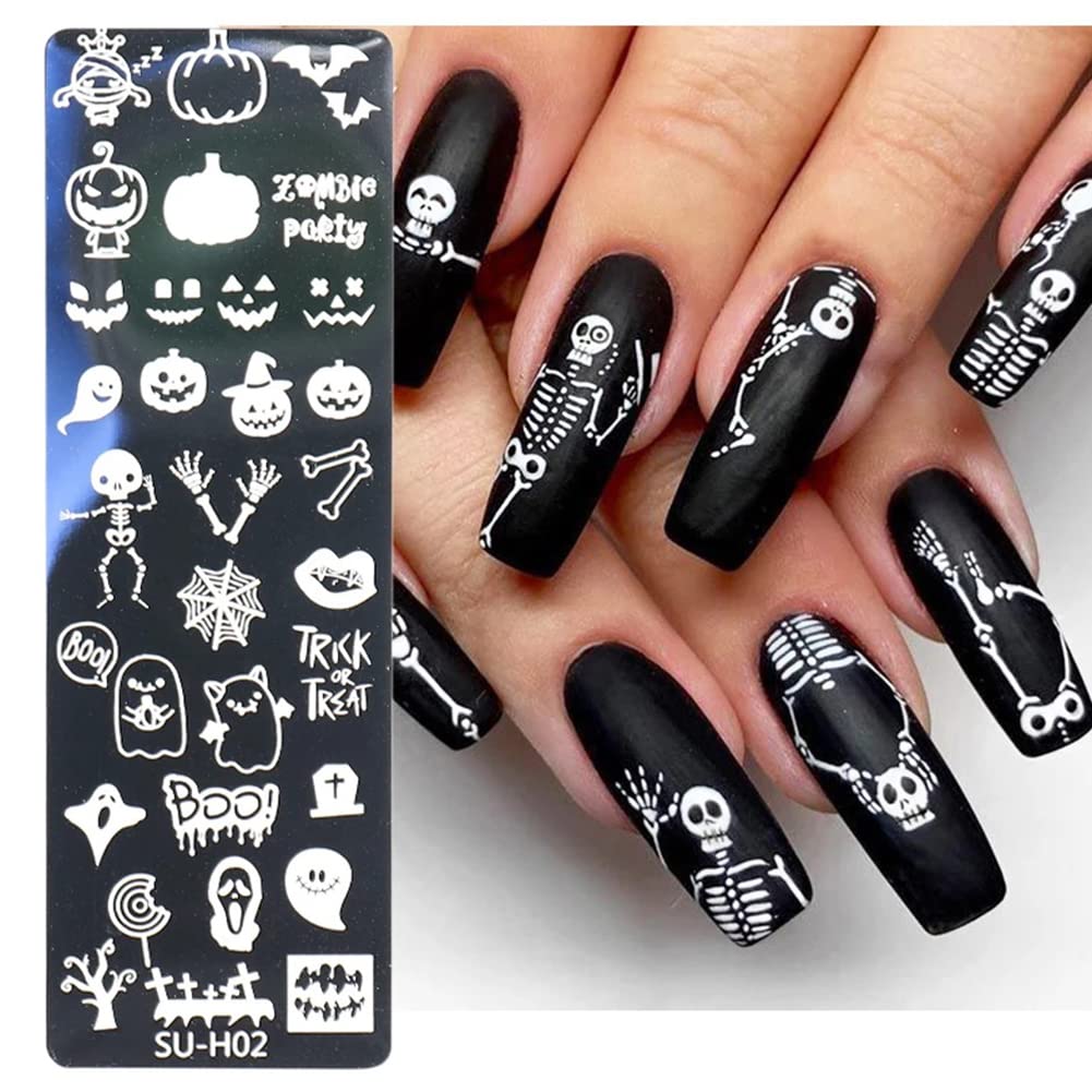 Halloween Nail Stamper Kit: 6 Pcs Stamp Template Plates with 1 Stamper, 1 Scraper - Horror, Ghost, Pumpkin, Skull, Bone Images - DIY Nail Art Set-BrightBean Baby