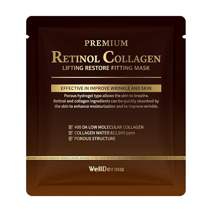 WELLDERMA Premium Retinol Collagen Restore Fitting Mask 4EA - Korean Collagen Face Mask for all around care, Wrinkles, Elasticity, Brightening, Deep Hydration, Face mask Skin Care-BrightBean Baby