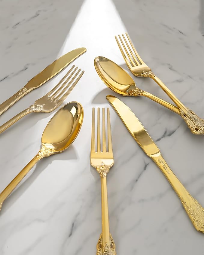 bUCLA 150PCS Gold Plastic Silverware Disposable - Heavy Duty Plastic Cutlery - Gold Disposable Utensils Set - Include 50 Knives, 50 Forks, 50 Spoons for Party & Thanksgiving