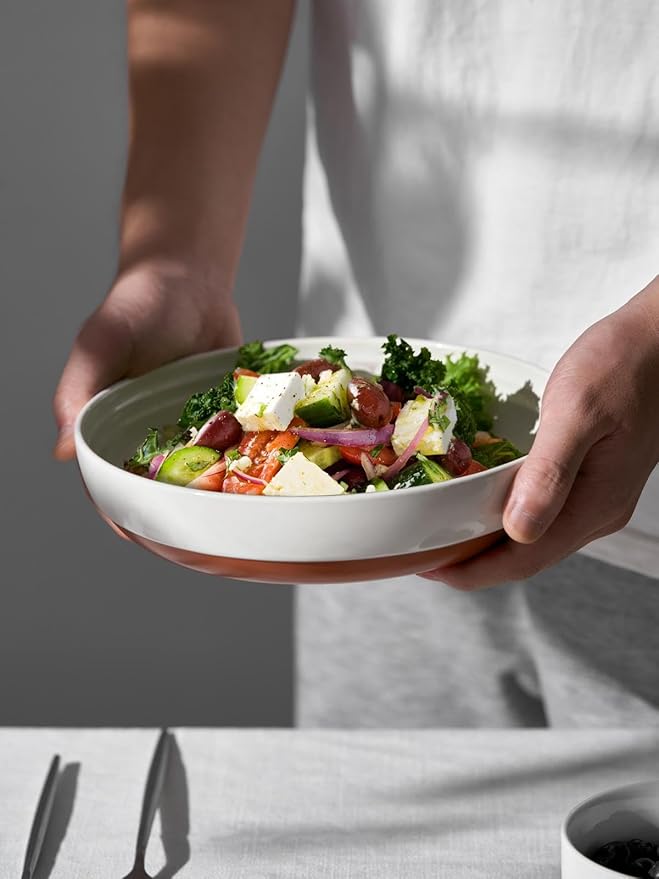 DOWAN 8.5" Pasta Bowls Set of 4 with Sesame Glaze Finish, 30oz Shallow White Ceramic Dinner Bowls, Wide Bowl Plates for Pasta, Salad, Soup & Stew, Microwave & Dishwasher Safe, Housewarming Gift