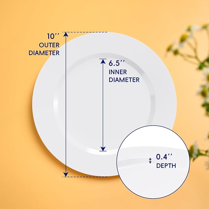 JOLLY CHEF 100 Pieces White Plastic Plates-10 Inch Elegant Disposable Plastic Plate, Disposable White for Weddings,Parties,Dinner,Birthdays and Events