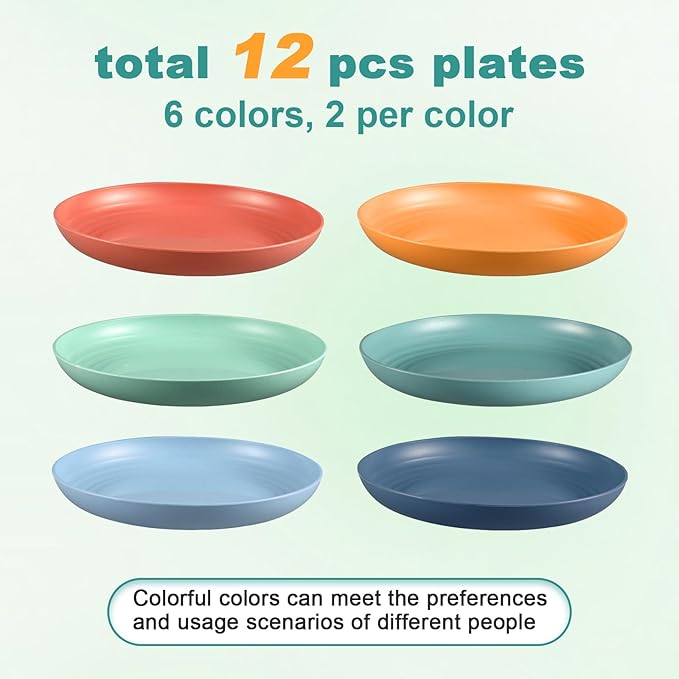 12 Pcs Unbreakable Deep Dinner Plates Set, 10 inch Reusable Plastic Wheat Straw Plates, Microwave and Dishwasher Safe Plate for Kitchen, Lightweight Plate for Dessert, BPA Free, 6 Colors