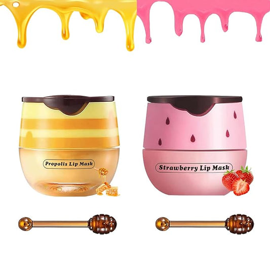 2 PCS Bee Lip Balm Honey Pot, Honey Strawberry Bee Lip Balm Sleeping Lip Mask Overnight with Sticks, Honey Pot Lip Balm Hydrating Exfoliating Prevention Dry and Crack Lip Scrubs-BrightBean Baby
