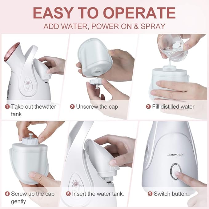 Facial Steamer, Amconsure Nano Ionic Face Steamer for Home, 100ML Warm Mist Humidifier for Women Moisturizing, Unclogs Pores-Bonus Stainless Steel Skin Kit and 2 Face Scrubbers-BrightBean Baby