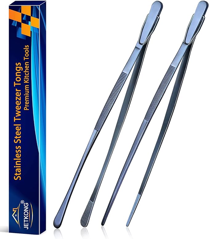 JETKONG 2 Pcs 12-Inch Cooking Tweezer Tongs Stainless Steel Kitchen Tweezers Plating Tongs (Navy Blue)
