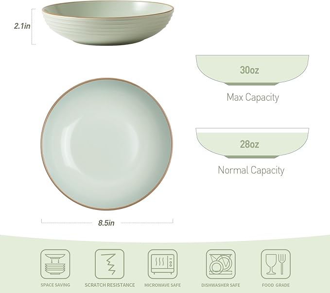 famiware Jupiter Pasta Bowls, 30 OZ Large Salad Bowls Set of 4, Microwave and Dishwasher Safe, Sturdy & Stackable, Serving Bowls for Kitchen, Light Green