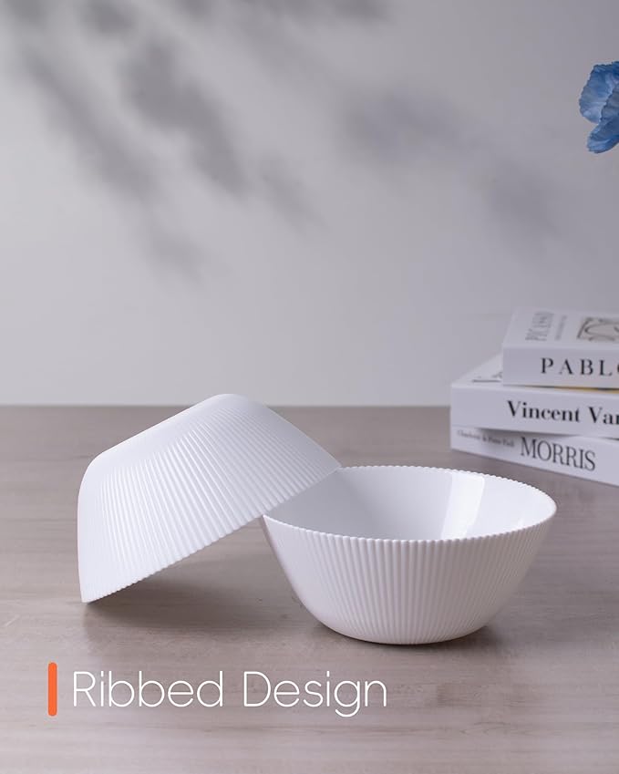 30 OZ Max Cereal Soup Bowl Set of 6, Opal Glass 7.2 inch White Ribbed Bowls for Ramen, Noodle, Salad, Fruit, Dishwasher and Microwave Safe