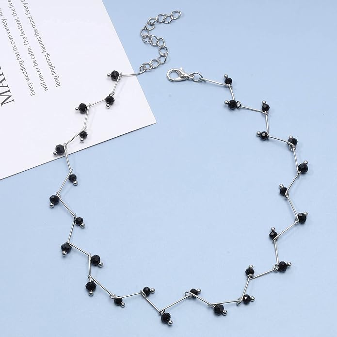 Black Crystal Choker Necklace Short Black Beaded Choker Necklace Silver Chain Necklace Minimalist Necklace Jewelry for Women and Girls-BrightBean Baby