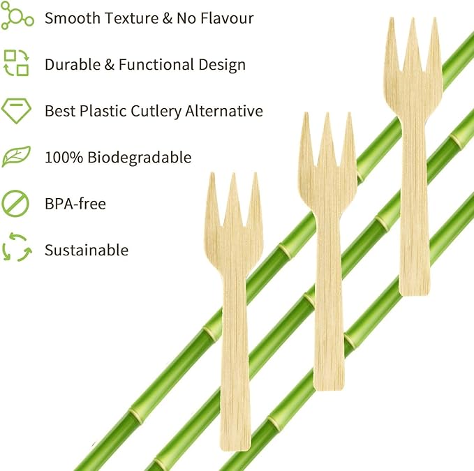 Bamboo Utensils | 200PK Mini-Bamboo Forks 3.54" Disposable Small 100% Biodegradable Compostable Cutlery Set Eco Friendly Renewable Natural