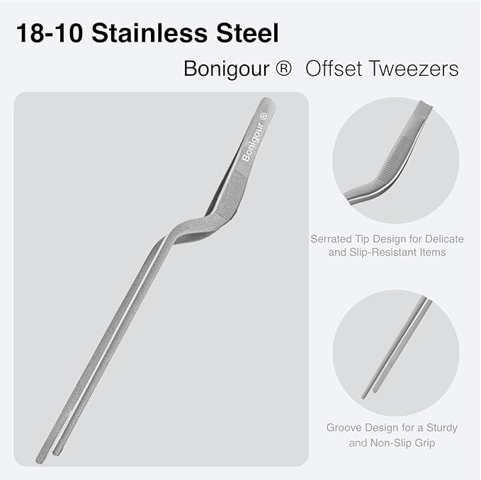 8 Inch Precision Offset Tweezers, Kitchen Culinary Stainless Steel Tongs, Curved Kitchen Cooking Multi-function Chef Precision Tweezer Tongs for Plating, Food Decorating and ect (Silver)