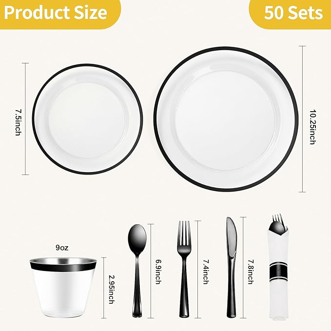 Goodluck 350 Piece Black Plastic Dinnerware Set for Party, Clear Disposable Plates for 50 Guests, Include: 50 Dinner Plastic Plates, 50 Dessert Plates, 50 Pre Rolled Napkins with Cutlery Set, 50 Cups