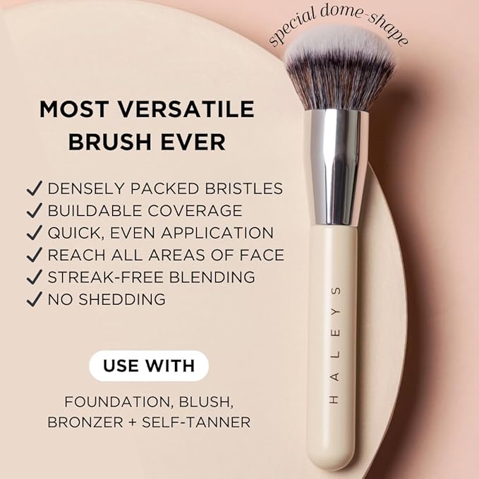 HALEYS Kabuki Makeup Brush + GWP Skin Tint Mini, VEGAN+CRUELTY-FREE, Sustainable Wood, Vegan Bristles for Airbrushed Finish, For Creams, Liquids, Powder, Streak-free, Perfect Blending, Buffs, Blurs-BrightBean Baby