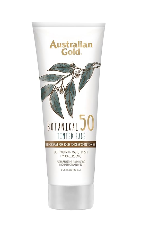Australian Gold Botanical SPF 50 Tinted Sunscreen for Face, Non-Chemical BB Cream & Mineral Sunscreen,Water-Resistant,Matte Finish,For Sensitive Facial Skin,Rich to Deep Skin Tones, 3 FL Oz, Rich-Deep-BrightBean Baby