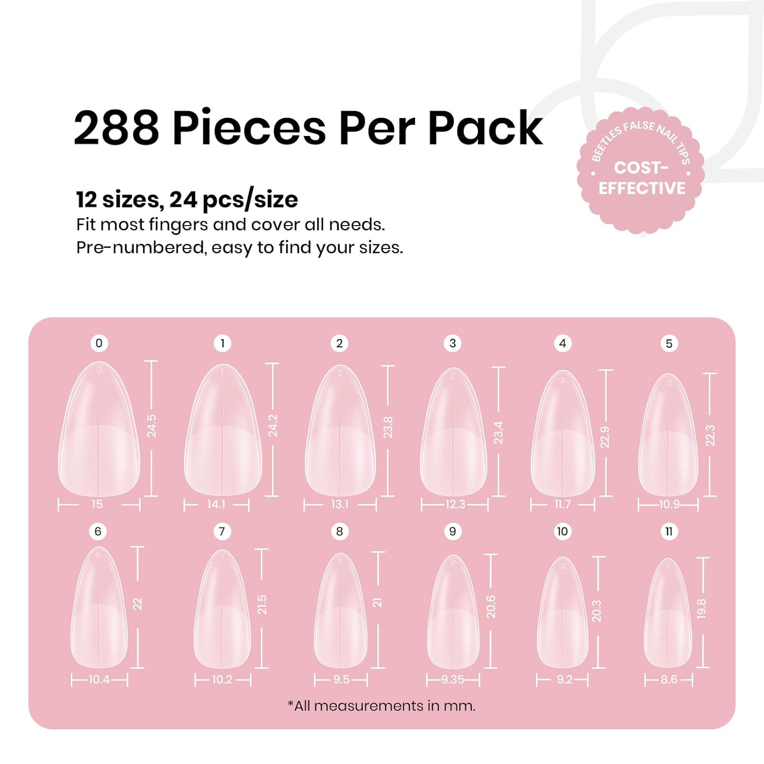 Beetles Medium Almond Nail Tips: 288PCS Medium Almond Matte Clear False Acrylic Press on Nails Tips 12 Sizes Pre-shape Full Cover Nail Tips Nail Extension DIY Valentines Day Gifts for Women-BrightBean Baby