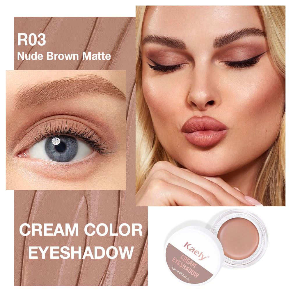 Kaely Single Cream Eyeshadow Pot, Nude Brown Matte Eye Shadow for Older Women High Pigmented Waterproof, Natural Eyeshadow Palette Makeup Brightener, sombras en crema para ojos, Blendable, R03-BrightBean Baby
