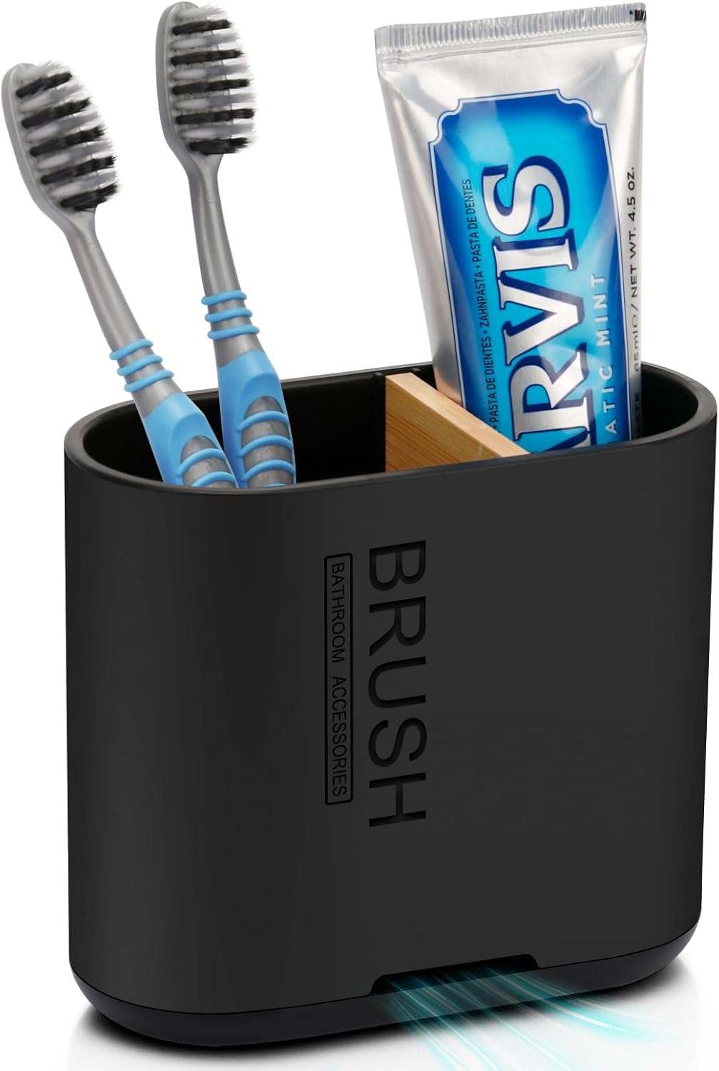 Toothbrush and Toothpaste Holder with Bamboo Divider for Bathroom Countertop Organizer, Detachable for Easy Clean, 2 Slots Electric Toothbrush Holders Storage Caddy Drainage for Family-Black-BrightBean Baby