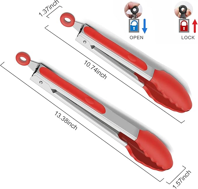 2-Pack of 9" (Small) & 12" (Large) Kitchen Tongs Set: Non-Stick Silicone-Stainless Steel Cooking Tongs, BPA Free, Heat Resistant (480°F) - Non-Slip Grip & Locking Metal Food Tongs (Red)