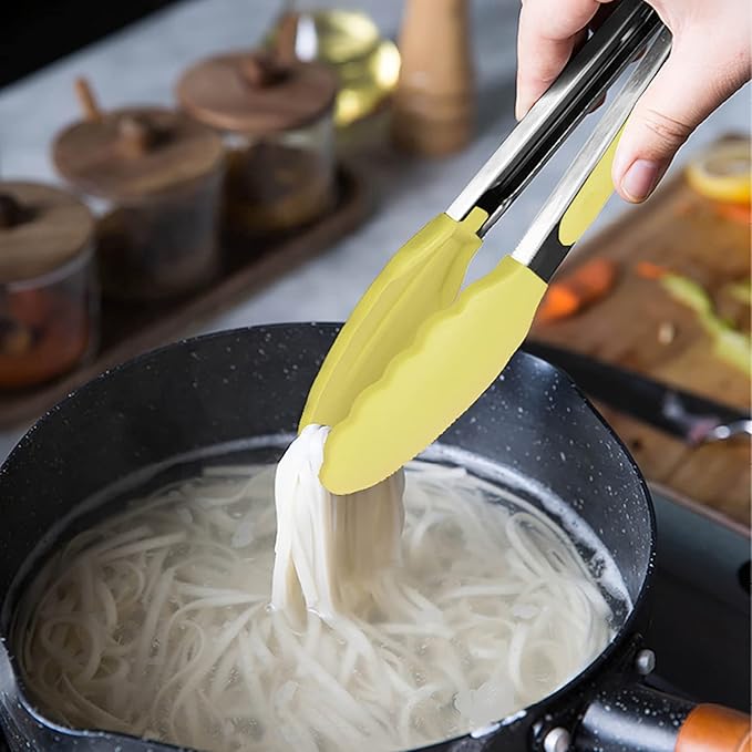 Small Appetizer Tongs 7-Inch Silicone Tipped Kitchen Tongs, Set of 3 (Yellow)