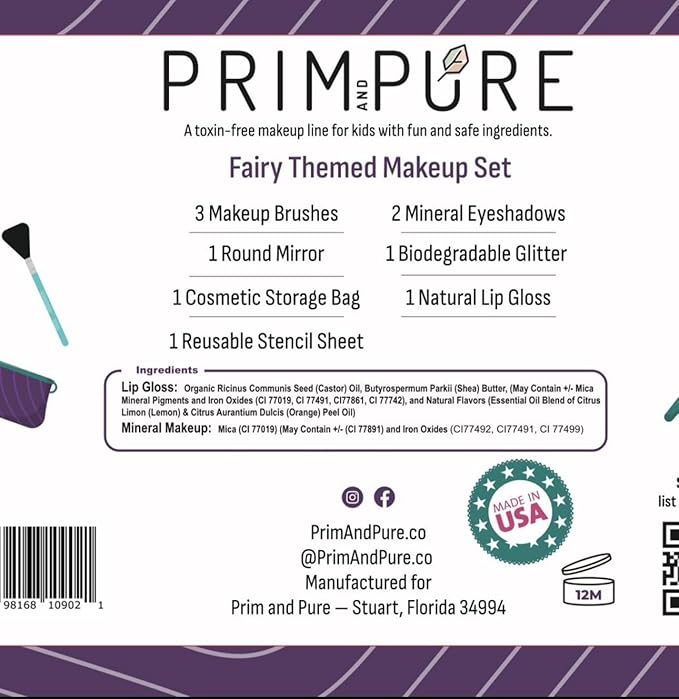 Prim and Pure Kids Makeup Gift Set - Stencil, Makeup Eyeshadow Bioglitter Lip Gloss and Cosmetic Bag Mirror Makeup Brush Accessories (Fairy Purple)-BrightBean Baby
