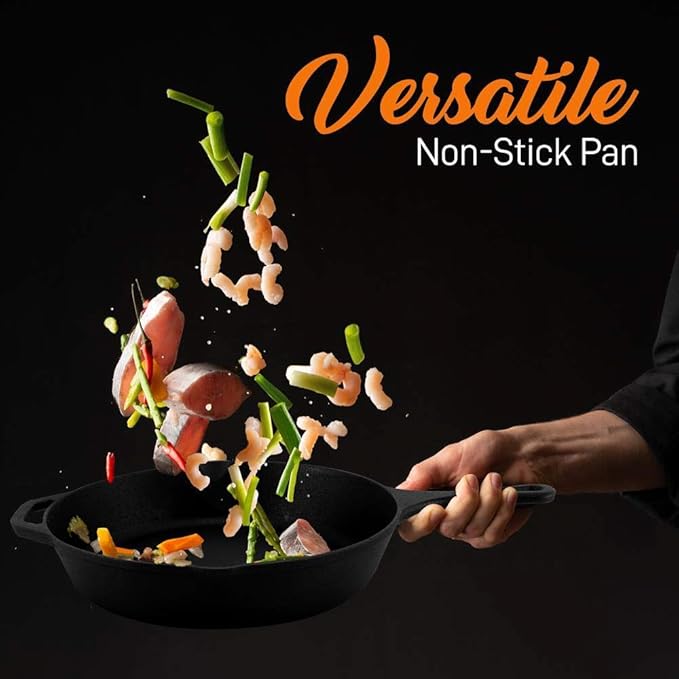 NutriChef Pre-Seasoned Cast Iron Skillet Pans - 3 Pieces Kitchen Frying Pan Nonstick Cookware Set w/Drip Spout - Includes Scraper - Electric Stovetop, Induction, Gas Range, Ceramic - NutriChef NCCI76