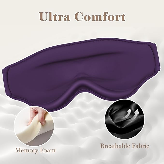 3D Cooling Eye Mask Sleep Mask for Men & Women, 100% Pressure-Free & Light Block-Out Eye Mask for Sleep with Easy Adjustable Strap, Night Eye Cover for Travel, Purple-BrightBean Baby
