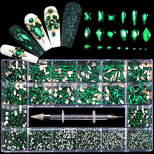 Nail Rhinestones Kit, Nail Art Decorations with Wax Pencil Flat AB Rhinestones Kit DIY Crafts Gemstones for Nail, Shoes, Clothes, Jewels (600 Green diamonds + 2500 flat rhinestones)-BrightBean Baby