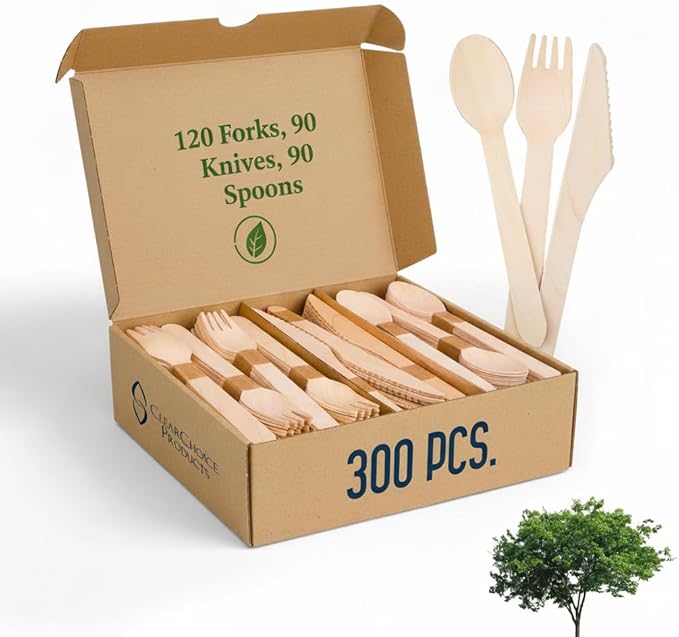 Compostable Cutlery Set - 300 PCS Wooden Utensils [120 Forks, 90 Spoons, 90 Knives] - Eco-Friendly Wooden Disposable Utensils - Compostable Forks and Spoons - Disposable Cutlery Set Party Utensils