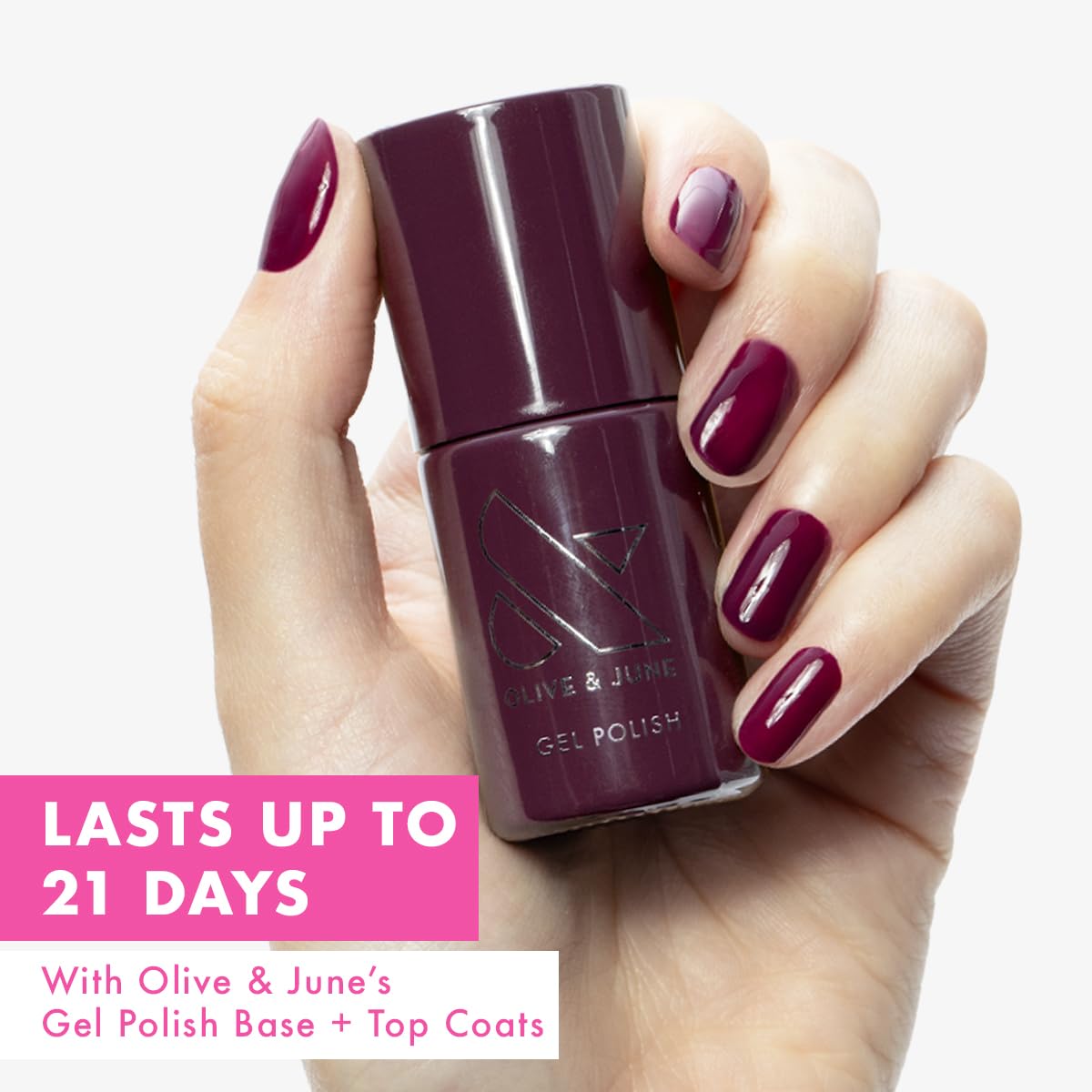 Olive & June Gel Polish | UV LED Nail Lamp Needed | Long Lasting Formula | Up to 21 Days of Wear | Damage-Free Removal | Salon-Quality Manicure, Pedicure at Home | Plaza | Mulberry Purple-BrightBean Baby