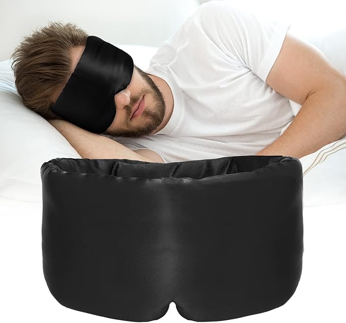 Silk Sleep Mask for Women Men, Mulberry Silk Eye Sleeping Mask & Blindfold with Adjustable Velcro Strap, Blackout Eye Cover for Sleep Travel Yoga Nap, Large Size, Black-BrightBean Baby