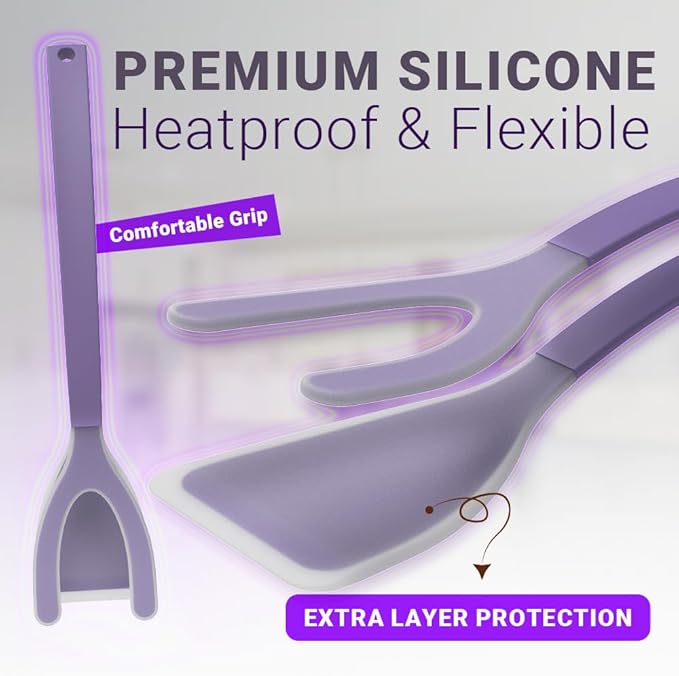 Silicone Egg Flipper Spatula Tongs (Set of 1) – Non-Stick 2-in-1 Grip & Flip Kitchen Tongs for Pancakes, Fish, Eggs, and More – Heat Resistant Cooking Tool (Purple)