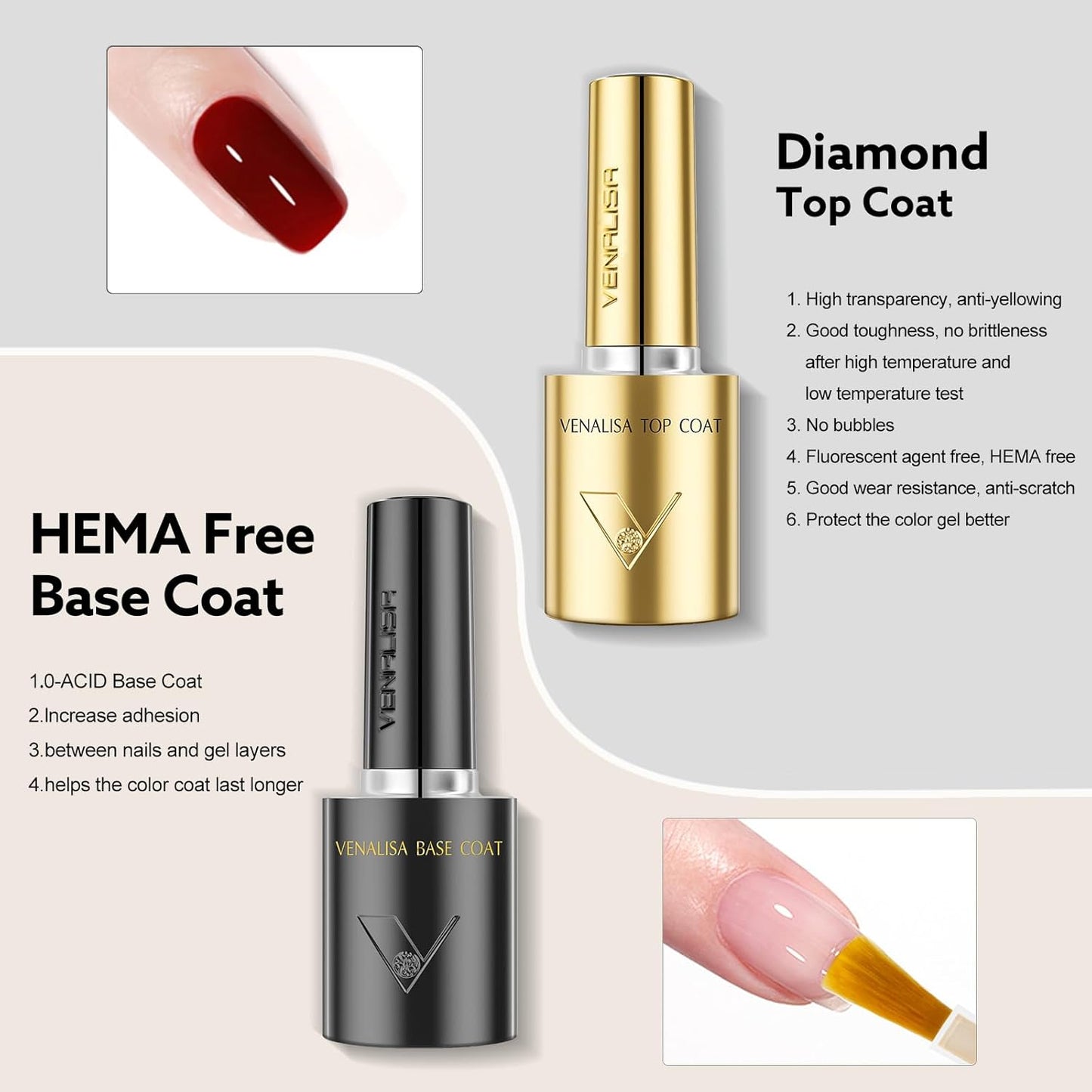 VENALISA 2 Pcs No Wipe Gel Top Coat and Base Coat Set- High Gloss Shiny Base Top Coat Gel Nail Polish Kit, Soak Off Nail Art Home and Professional Manicure-BrightBean Baby