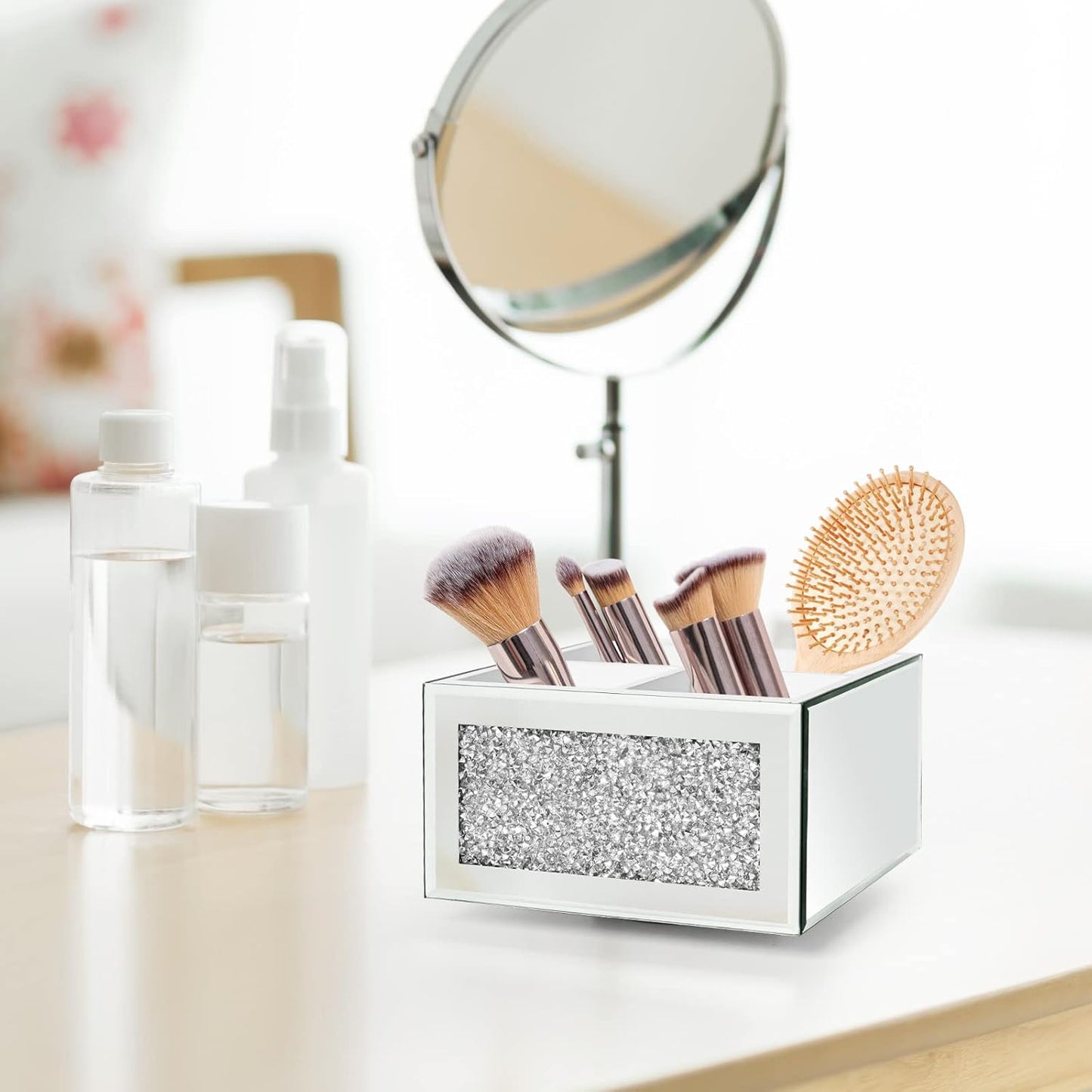 SWTHONY 360 Rotating Makeup Brush Holder Organizer, Silver Bling 4 Slot Crushed Diamond Glass Mirrored Cosmetic Brushes Storage, Eyeliners Eyebrow Pencil Display Case-BrightBean Baby