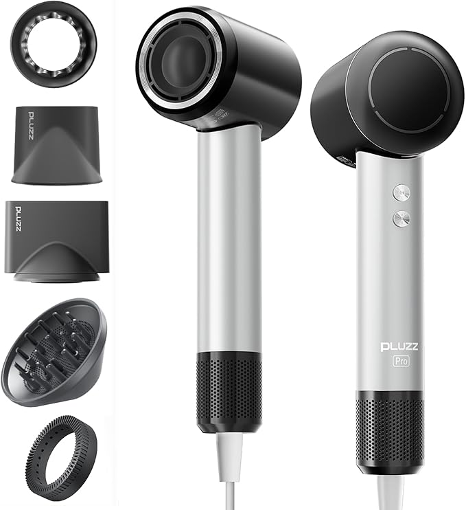 PLUZZ Pro Professional Hair Dryer with 3M Power Cord, 140,000 RPM Brushless Motor High-Speed, 500M Negative Ions, Quiet & Lightweight, Diffuser & Holders Attachments – Salon/Home Use-BrightBean Baby
