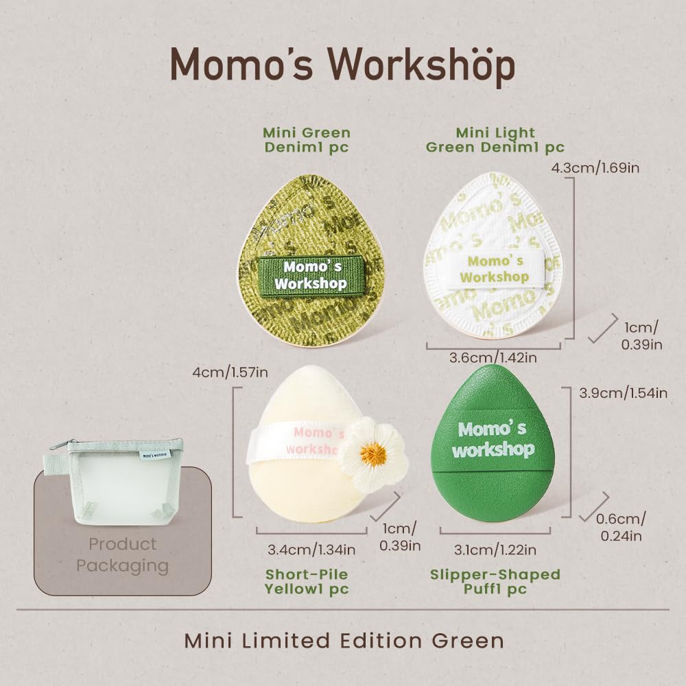 Mini Denim Makeup Sponge Set,Mini Makeup Blenders Sponge for Concealer/Blush/Highlighter, Perfect for Detail Work & Travel,4pcs Green Mini Concealer Puffs with Travel Pouch-BrightBean Baby