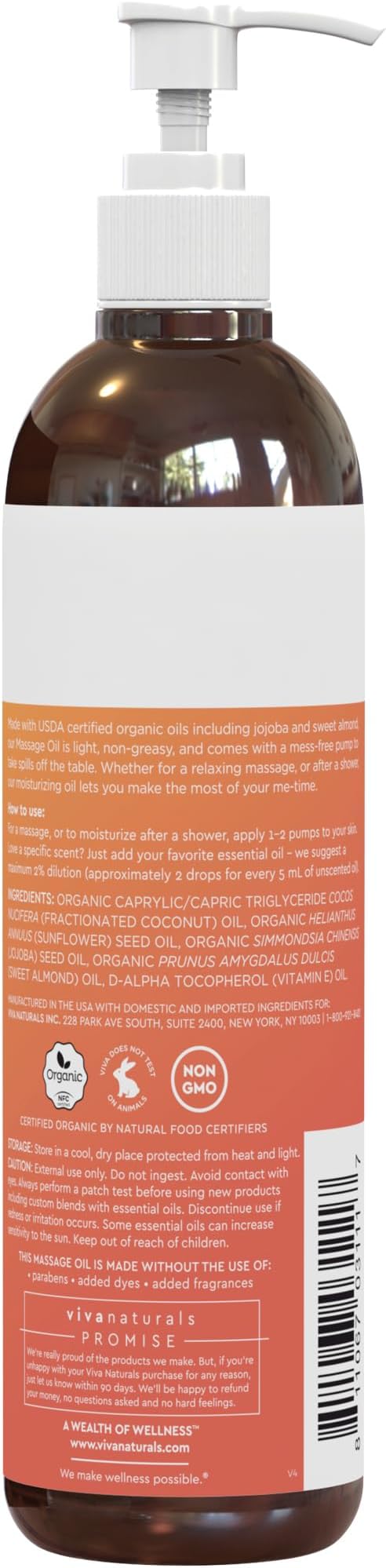 Viva Naturals Organic Massage Oil Unscented (8 fl. oz.) - Non-Greasy Body Oil with Mess-Free Pump, Moisturizing Massage Oils for Massage Therapy, Non-GMO and Certified Organic, 237 mL-BrightBean Baby