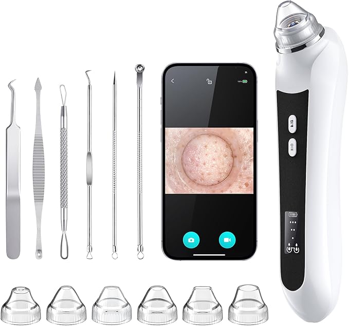 Facial Pore Blackhead Remover Vacuum, 1080P Camera Blackhead Remover, 20x Zoom, 8 LEDs ＆ 3 Suction Modes, 800mAh Battery & USB - 6 Heads Pore Cleaner Kit for Women&Men(Black)-BrightBean Baby