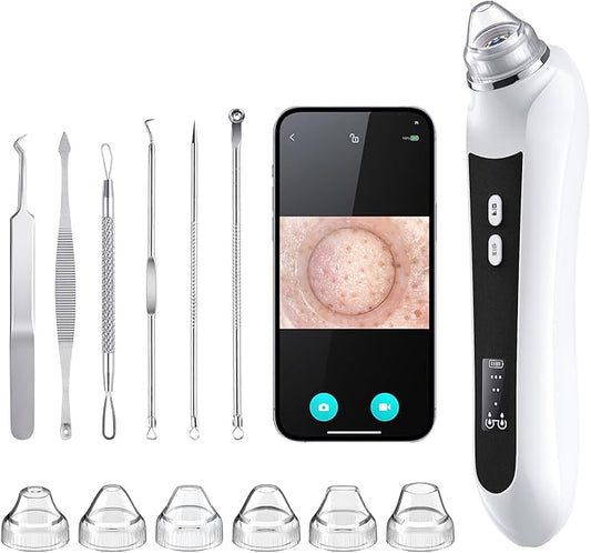 Facial Pore Blackhead Remover Vacuum, 1080P Camera Blackhead Remover, 20x Zoom, 8 LEDs ＆ 3 Suction Modes, 800mAh Battery & USB - 6 Heads Pore Cleaner Kit for Women&Men(Black)-BrightBean Baby