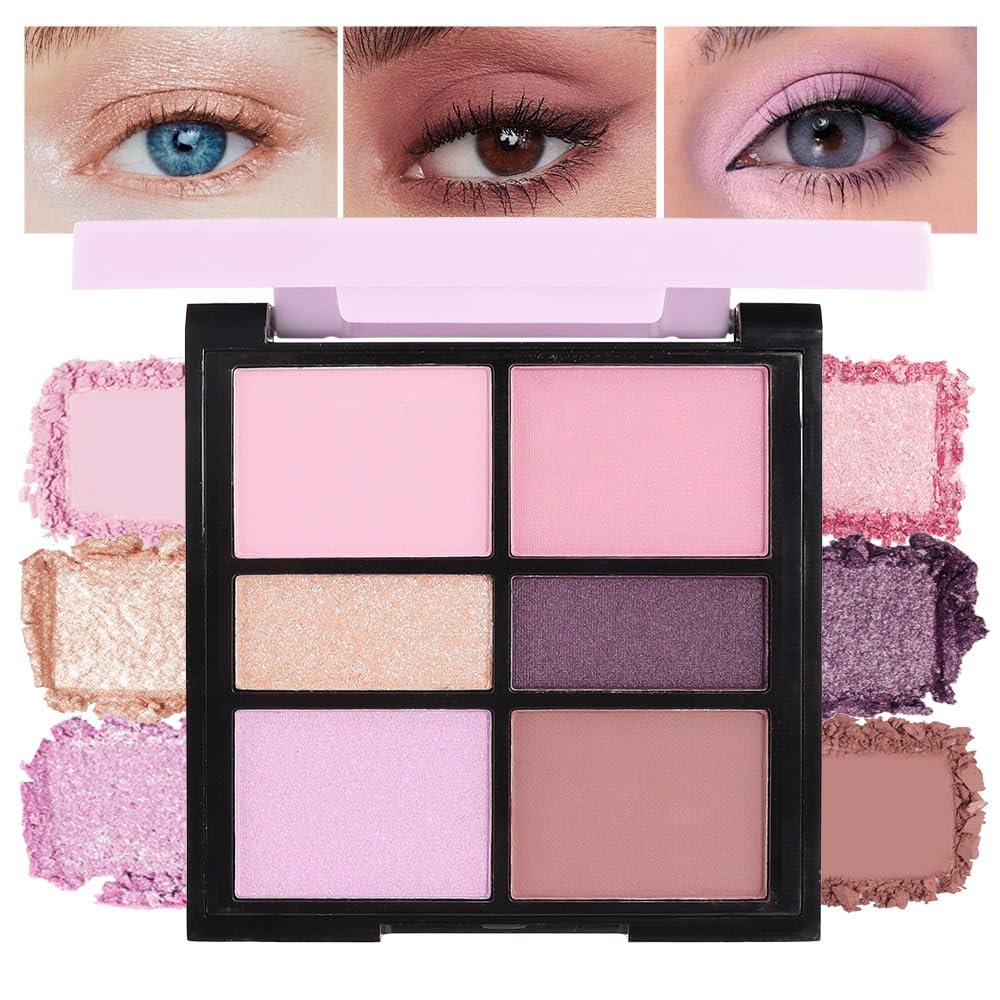 6-Color Pink Champange Purple Matte & Shimmer Eyeshadow Palette with Mirror – Highly Pigmented, Long-Lasting Eye Makeup for Artists & Creative Looks (03#)-BrightBean Baby