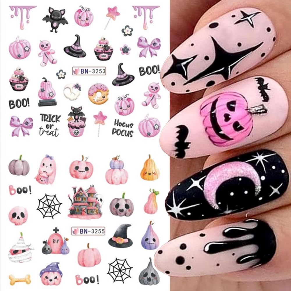 12 Sheets Halloween Nail Art Stickers Pink Pumpkin Water Transfer Nail Decals Cute Ghost Spider Skeleton Acrylic Nail Stickers for Women DIY Manicure Tips Halloween Nail Art Decorations Supplies-BrightBean Baby