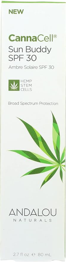Andalou Naturals Face Sunscreen, CannaCell Sun Buddy SPF 30 with Hemp Stem Cells, Moisturizing Facial Lotion, Broad Spectrum Protection with Non-Nano Zinc Oxide, Reef Safe Sunscreen, 2.7 Fl Oz-BrightBean Baby