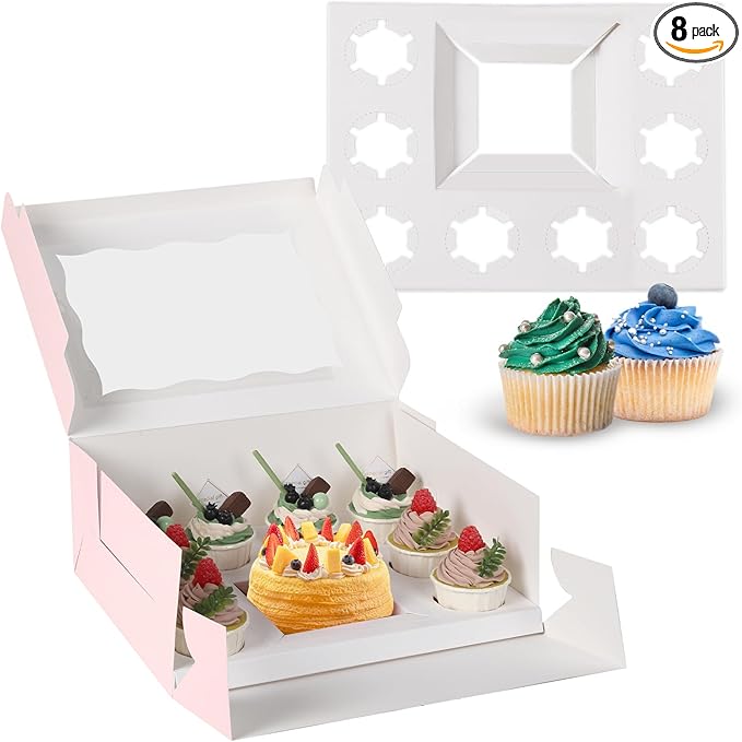 JCD 8 Packs Pink Bento Cake and Cupcake Box 1+8 Bento Box with Clear Window for 4-inch Cake and 8 Cupcakes Packaging Gift Baked Goods for Family Dinner Birthday Party Picnic Gift (Pink 1+8/8Pcs)