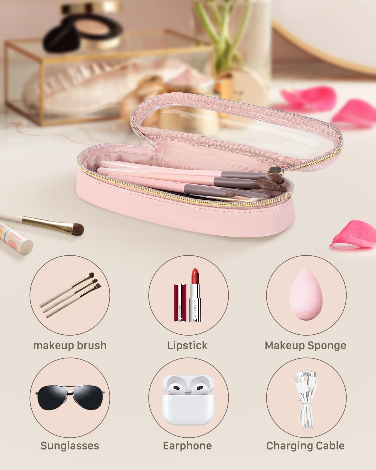 Clear Travel Makeup Brush Holder, Leather Makeup Brush Toiletry Bag, Portable Cosmetic Brush Case, Transparent Waterproof Makeup Brush Storage Bag, Pink, Large-BrightBean Baby